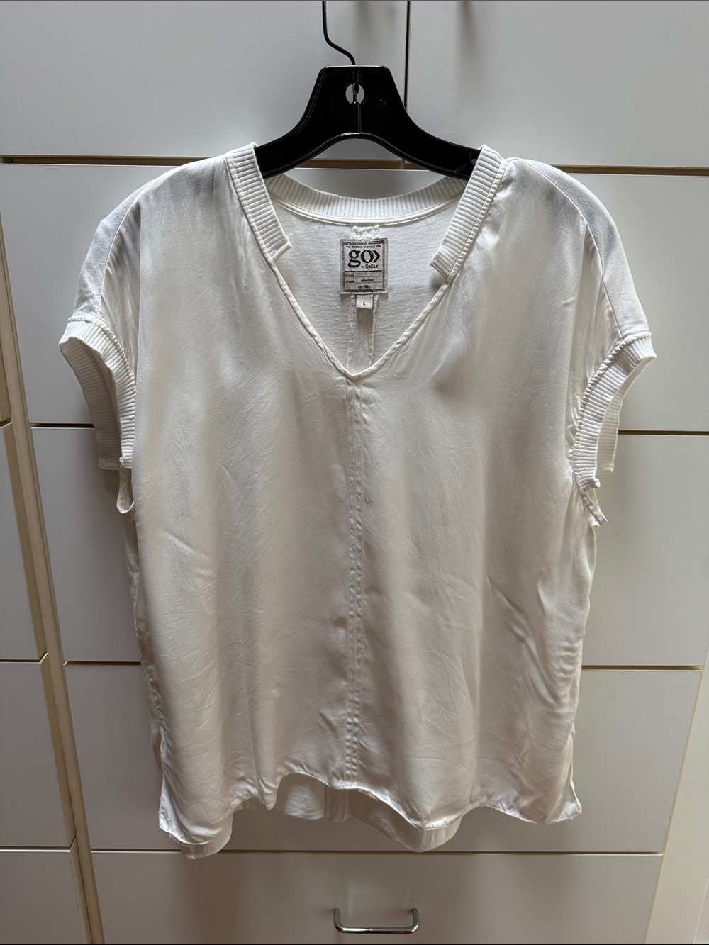 GO BY GO SILK Ivory V-Neck Short Sleeve Silk Top
